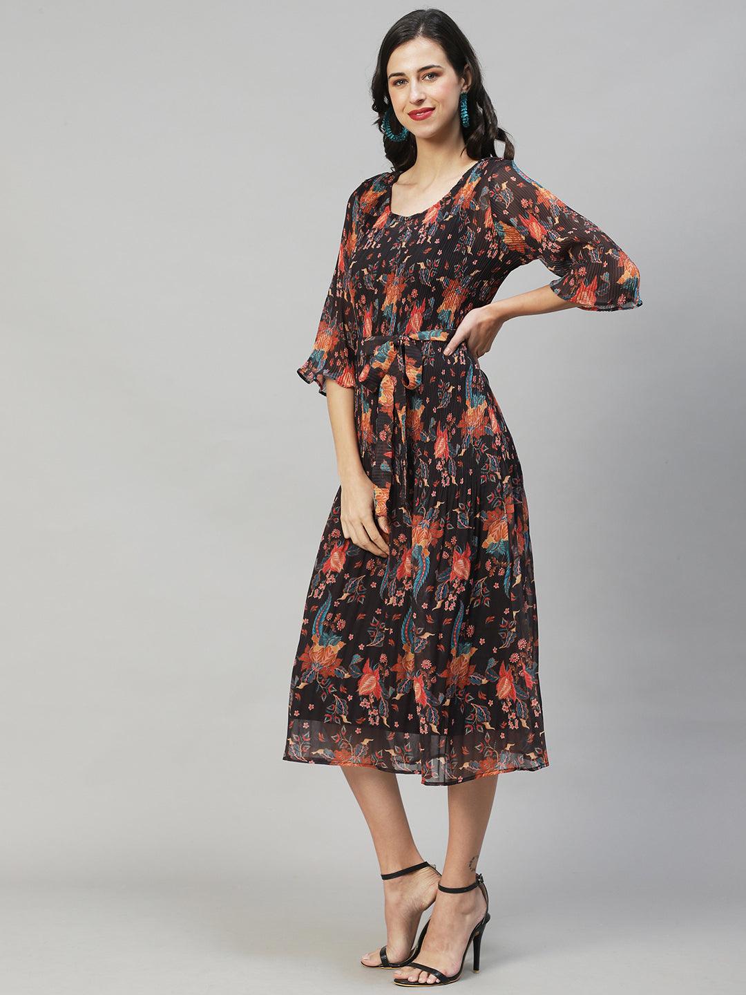 Floral Printed A-Line Midi Dress - Multi - Indiakreations