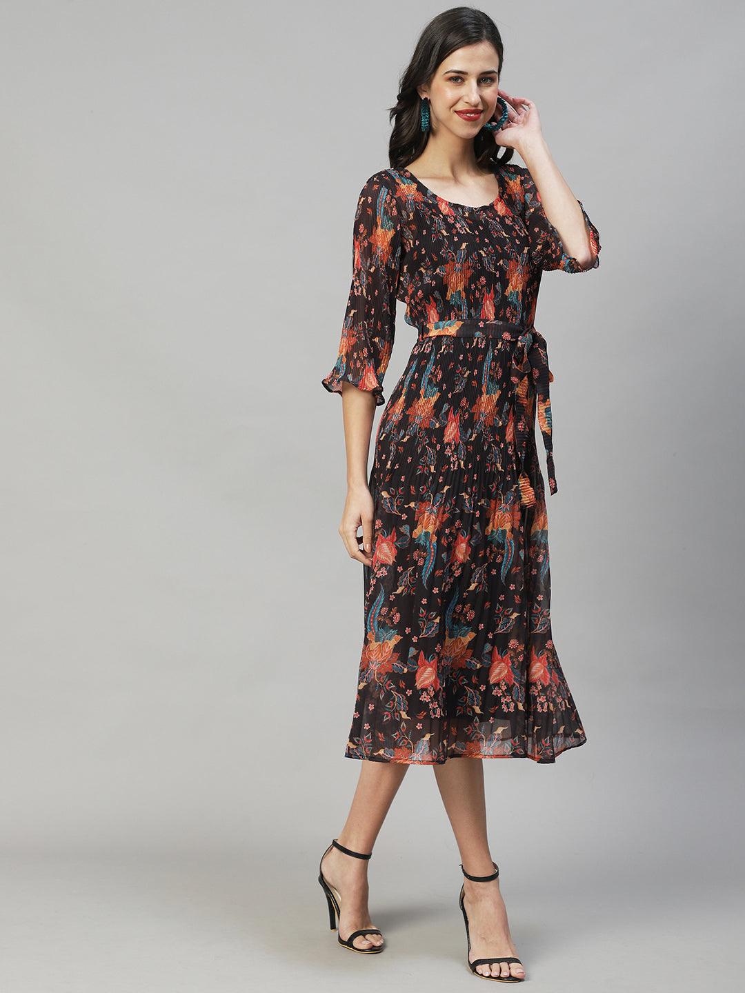 Floral Printed A-Line Midi Dress - Multi - Indiakreations