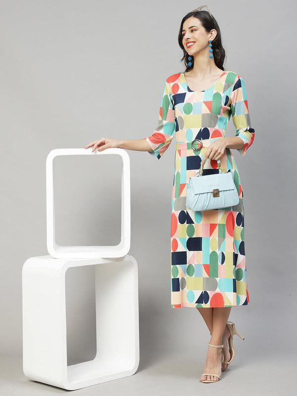 Geometric Abstract Printed A-Line Midi Dress - Multi - Indiakreations