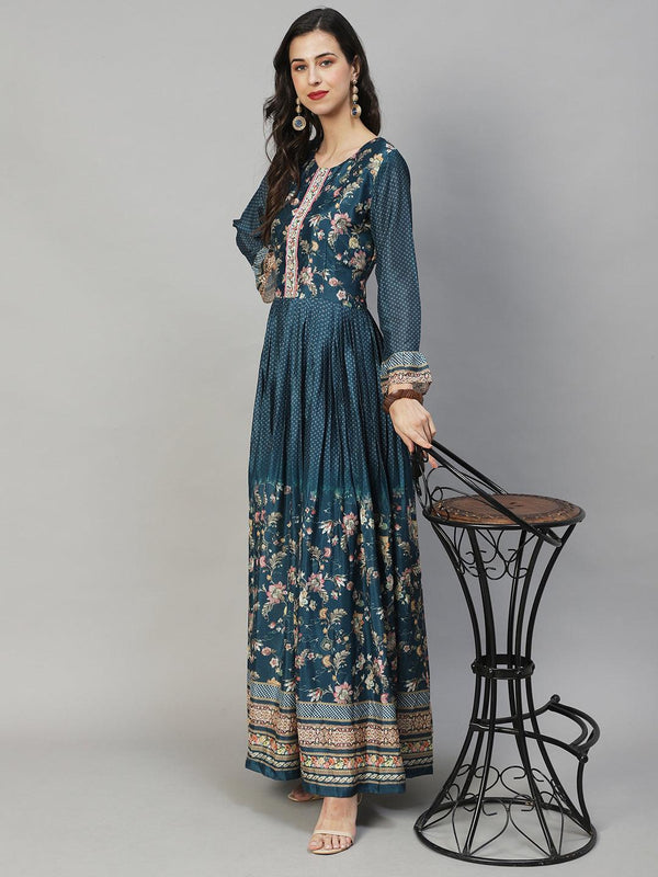 Ethnic Printed & Hand Embroidered Flared Maxi Dress - Teal Blue - Indiakreations