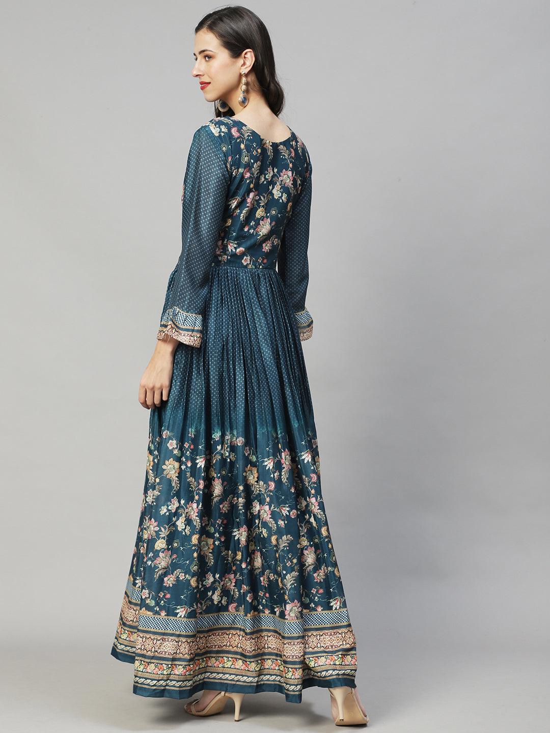 Ethnic Printed & Hand Embroidered Flared Maxi Dress - Teal Blue - Indiakreations