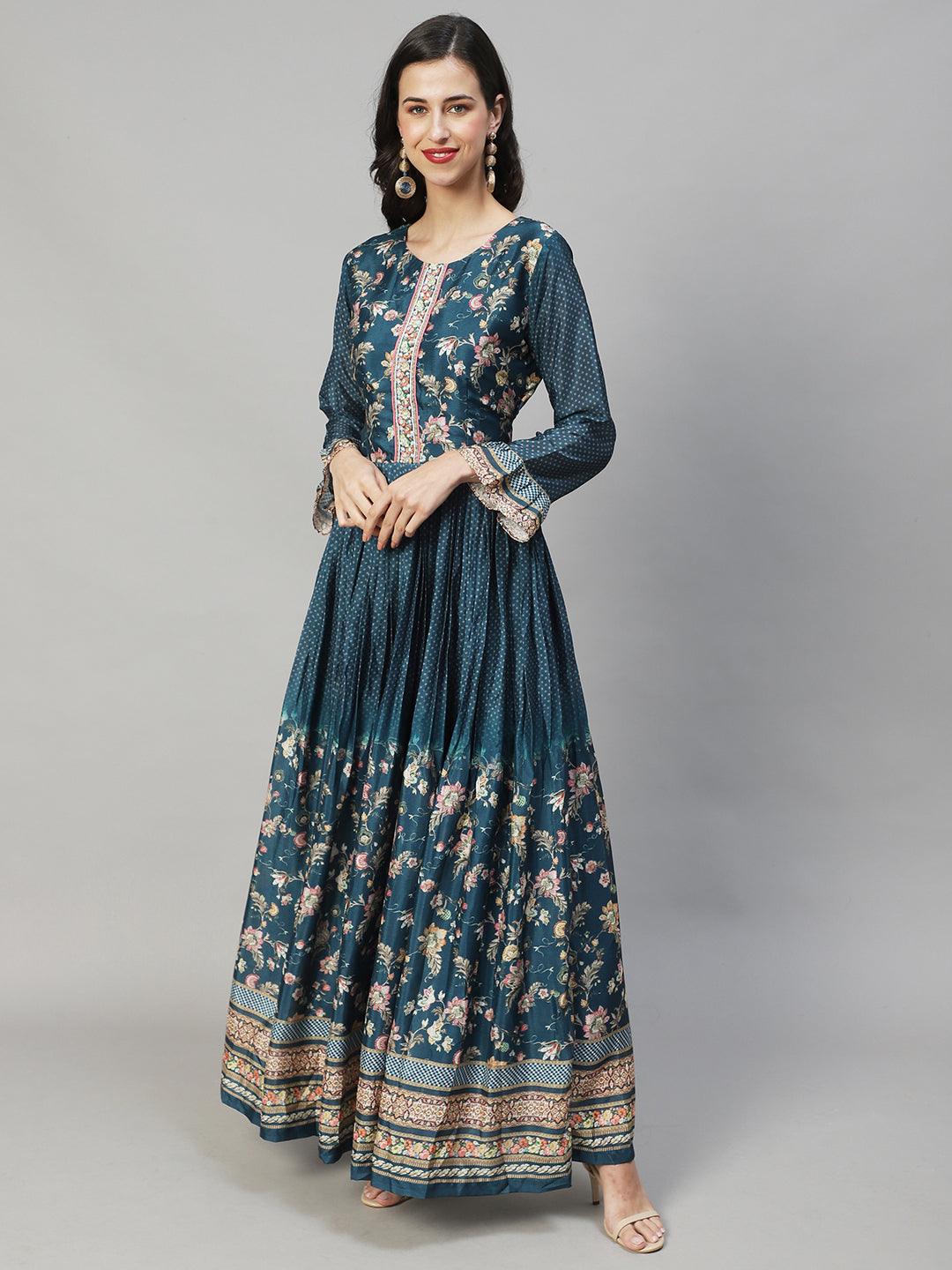 Ethnic Printed & Hand Embroidered Flared Maxi Dress - Teal Blue - Indiakreations