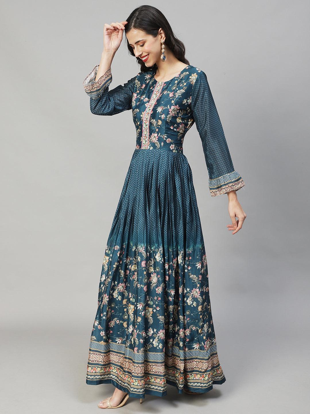 Ethnic Printed & Hand Embroidered Flared Maxi Dress - Teal Blue - Indiakreations