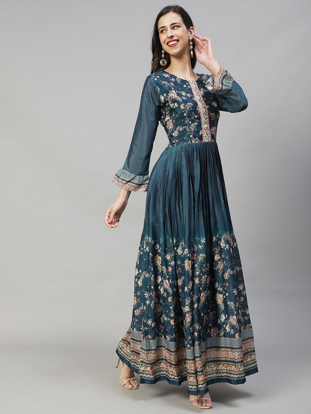 Ethnic Printed & Hand Embroidered Flared Maxi Dress - Teal Blue - Indiakreations