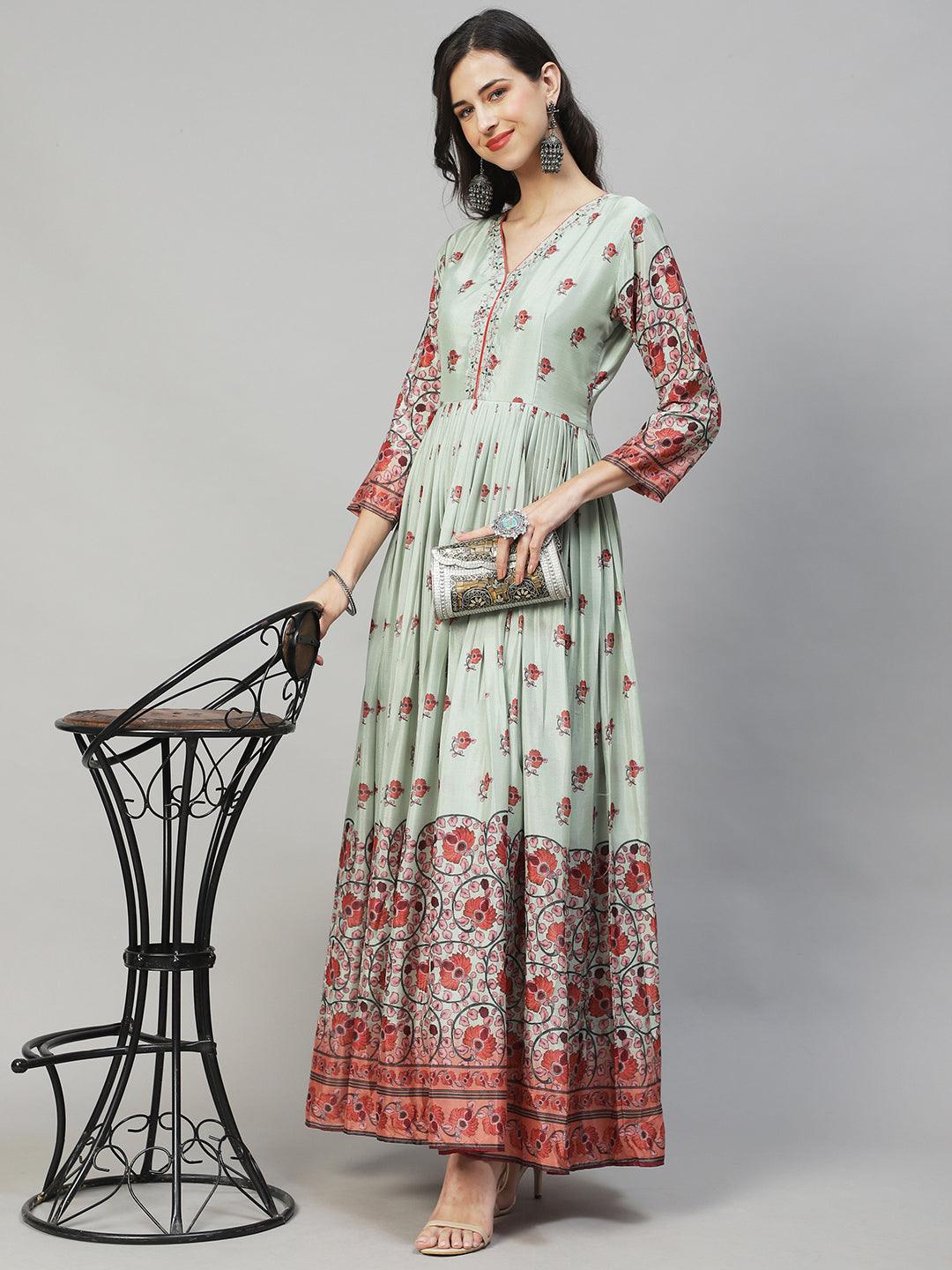 Floral Printed & Hand Embroidered Flared Maxi Dress - Pastel Green - Indiakreations