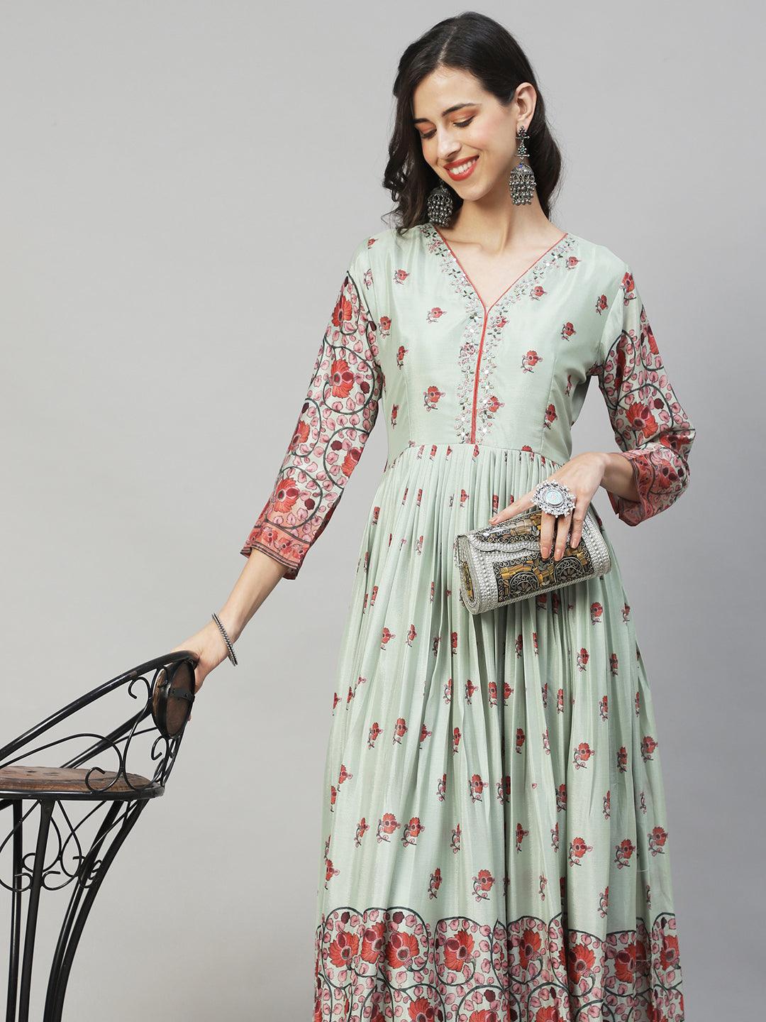 Floral Printed & Hand Embroidered Flared Maxi Dress - Pastel Green - Indiakreations