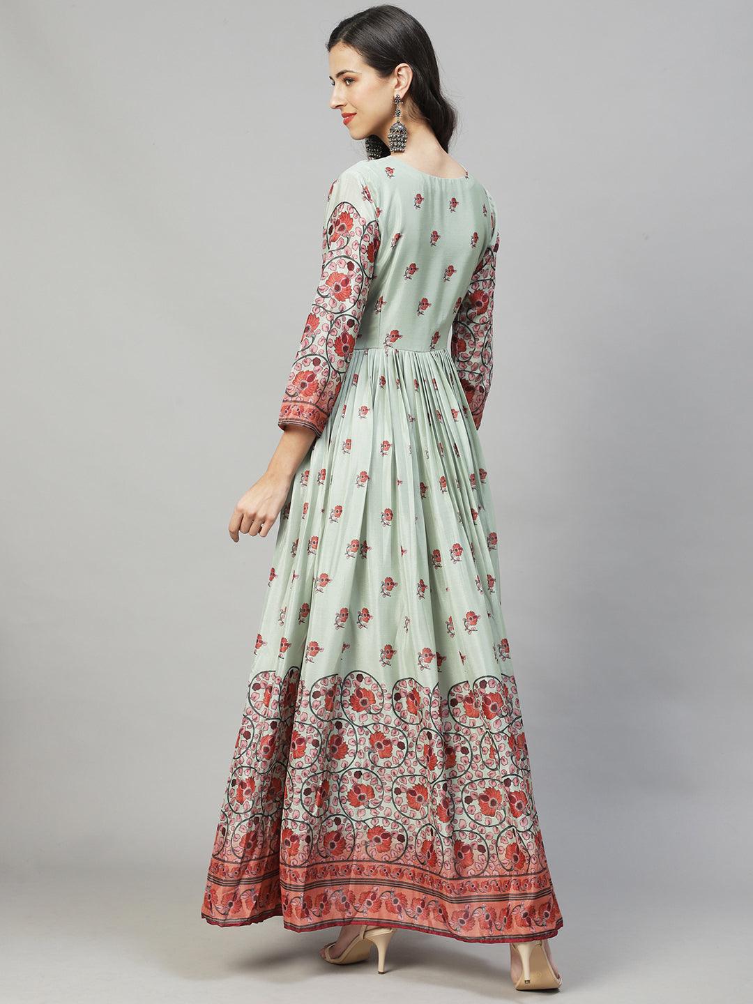 Floral Printed & Hand Embroidered Flared Maxi Dress - Pastel Green - Indiakreations