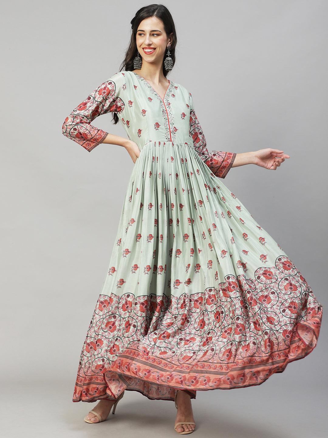 Floral Printed & Hand Embroidered Flared Maxi Dress - Pastel Green - Indiakreations