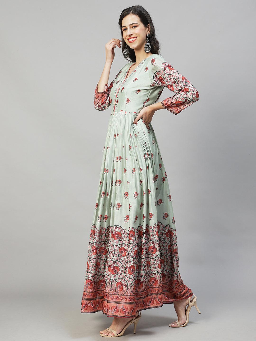 Floral Printed & Hand Embroidered Flared Maxi Dress - Pastel Green - Indiakreations