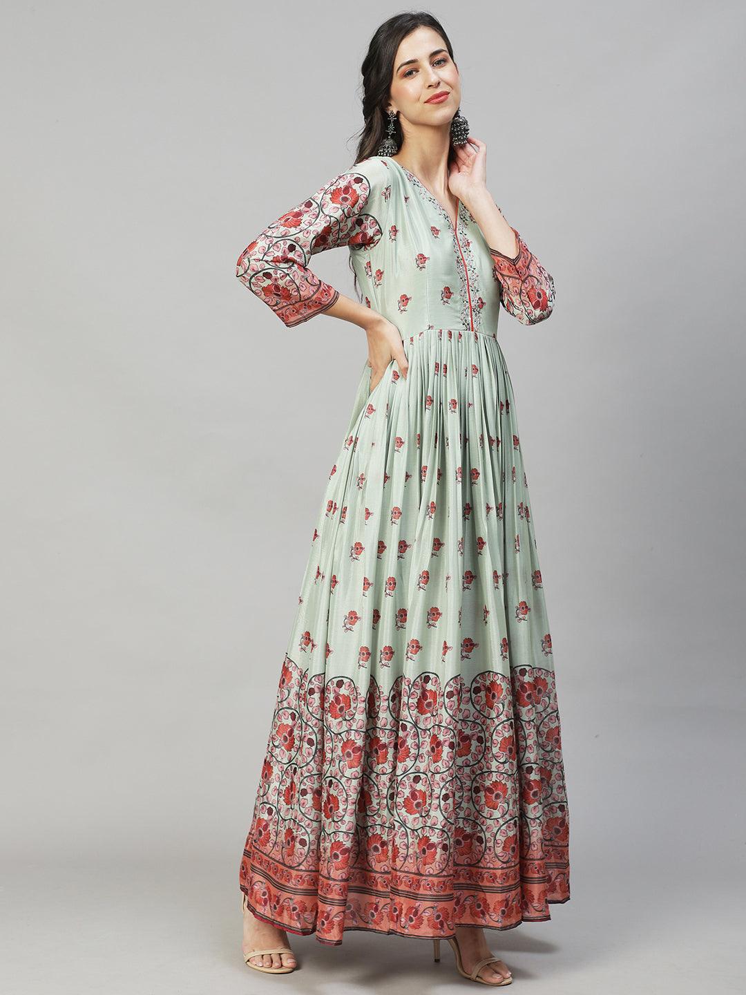 Floral Printed & Hand Embroidered Flared Maxi Dress - Pastel Green - Indiakreations