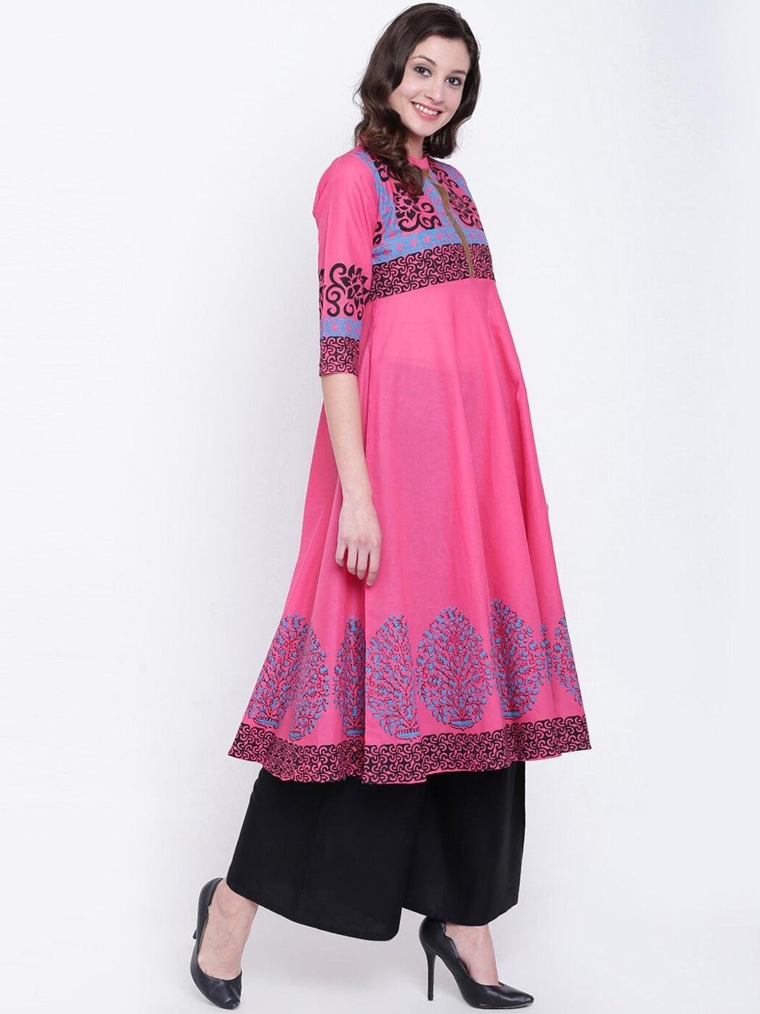 Women's Pink & Blue Ethnic Motifs Printed Cotton Anarkali Kurta - Noz2Toz - Indiakreations