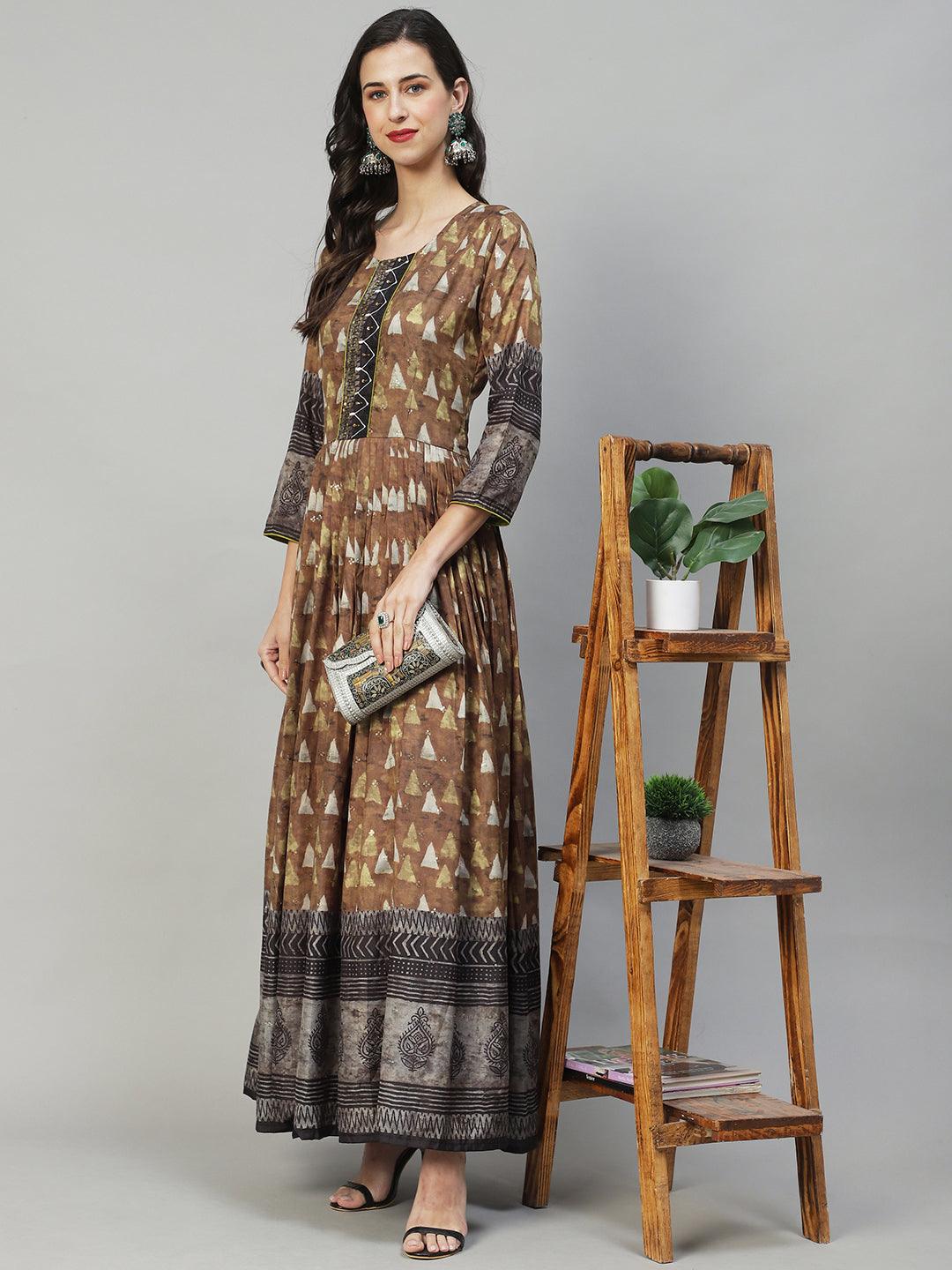 Ethnic Printed & Hand Embroidered Flared Maxi Dress - Olive Green - Indiakreations