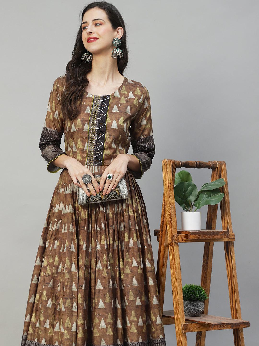 Ethnic Printed & Hand Embroidered Flared Maxi Dress - Olive Green - Indiakreations