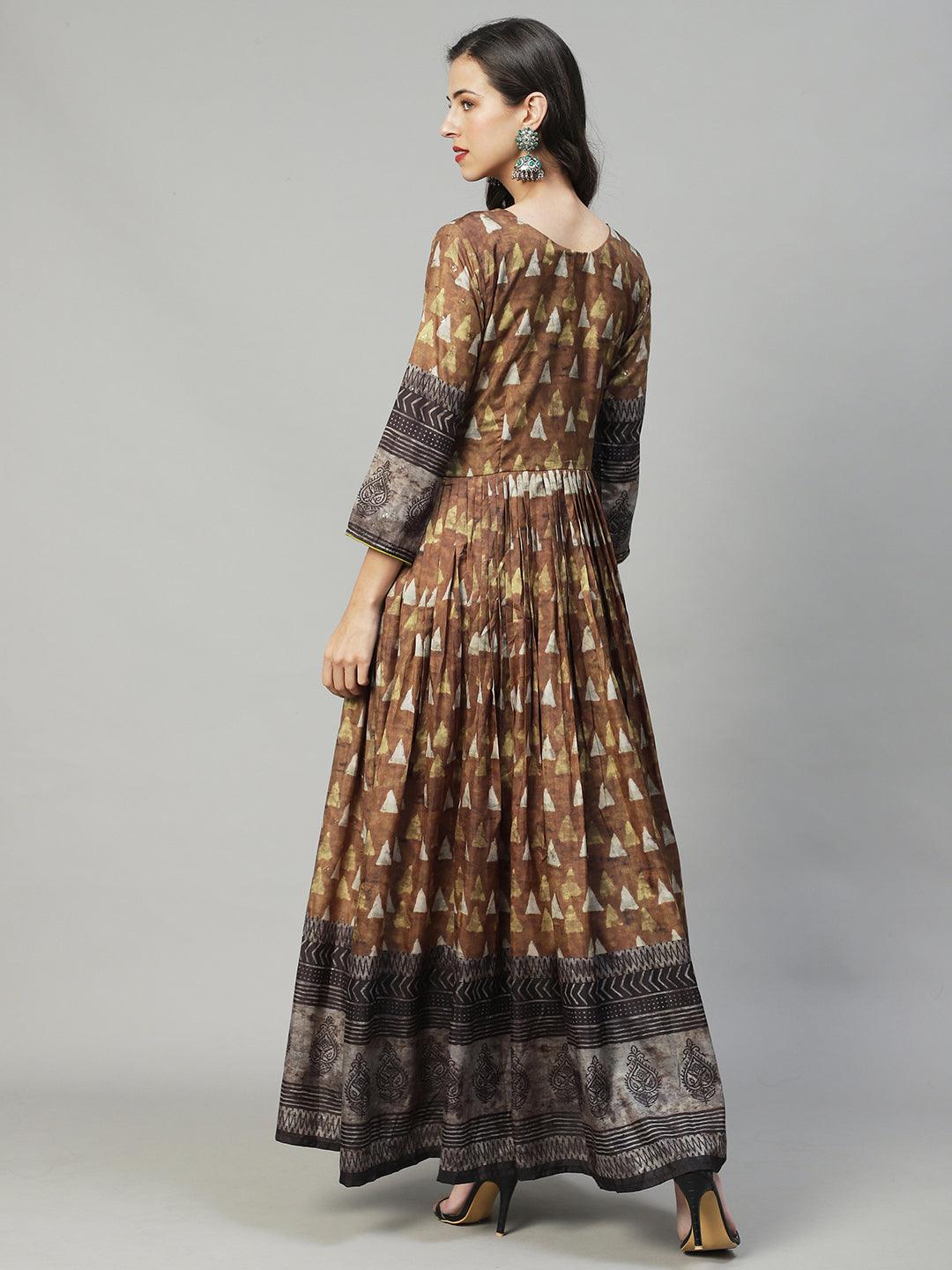 Ethnic Printed & Hand Embroidered Flared Maxi Dress - Olive Green - Indiakreations