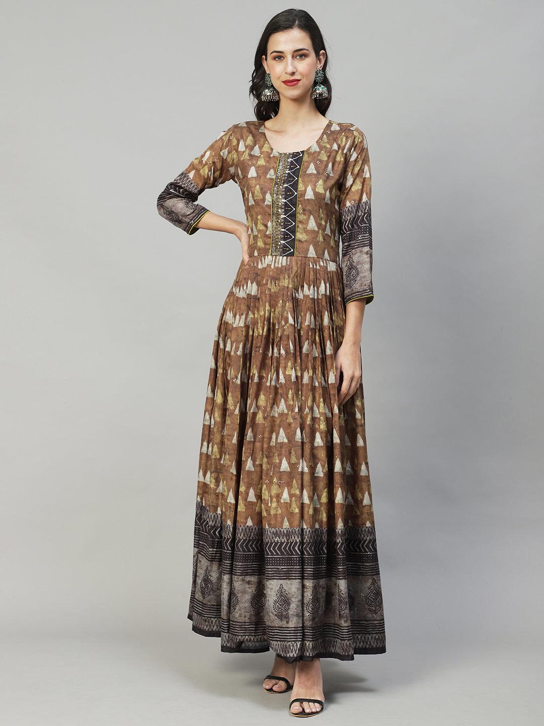 Ethnic Printed & Hand Embroidered Flared Maxi Dress - Olive Green - Indiakreations