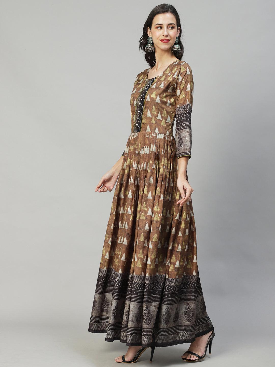 Ethnic Printed & Hand Embroidered Flared Maxi Dress - Olive Green - Indiakreations