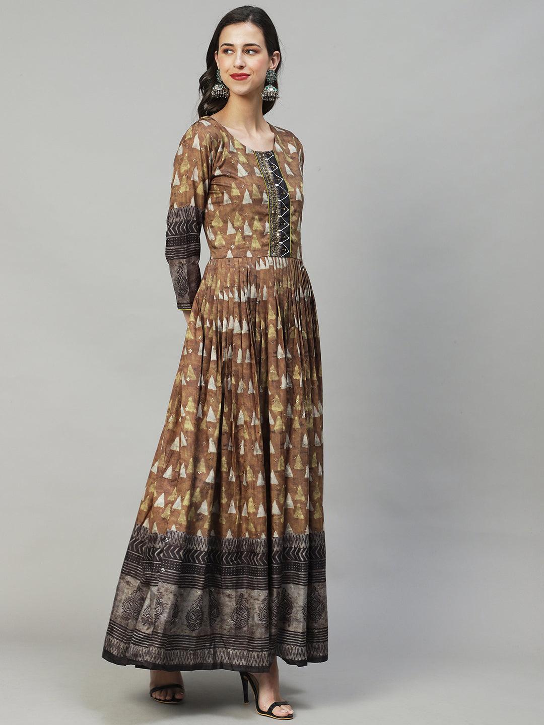 Ethnic Printed & Hand Embroidered Flared Maxi Dress - Olive Green - Indiakreations