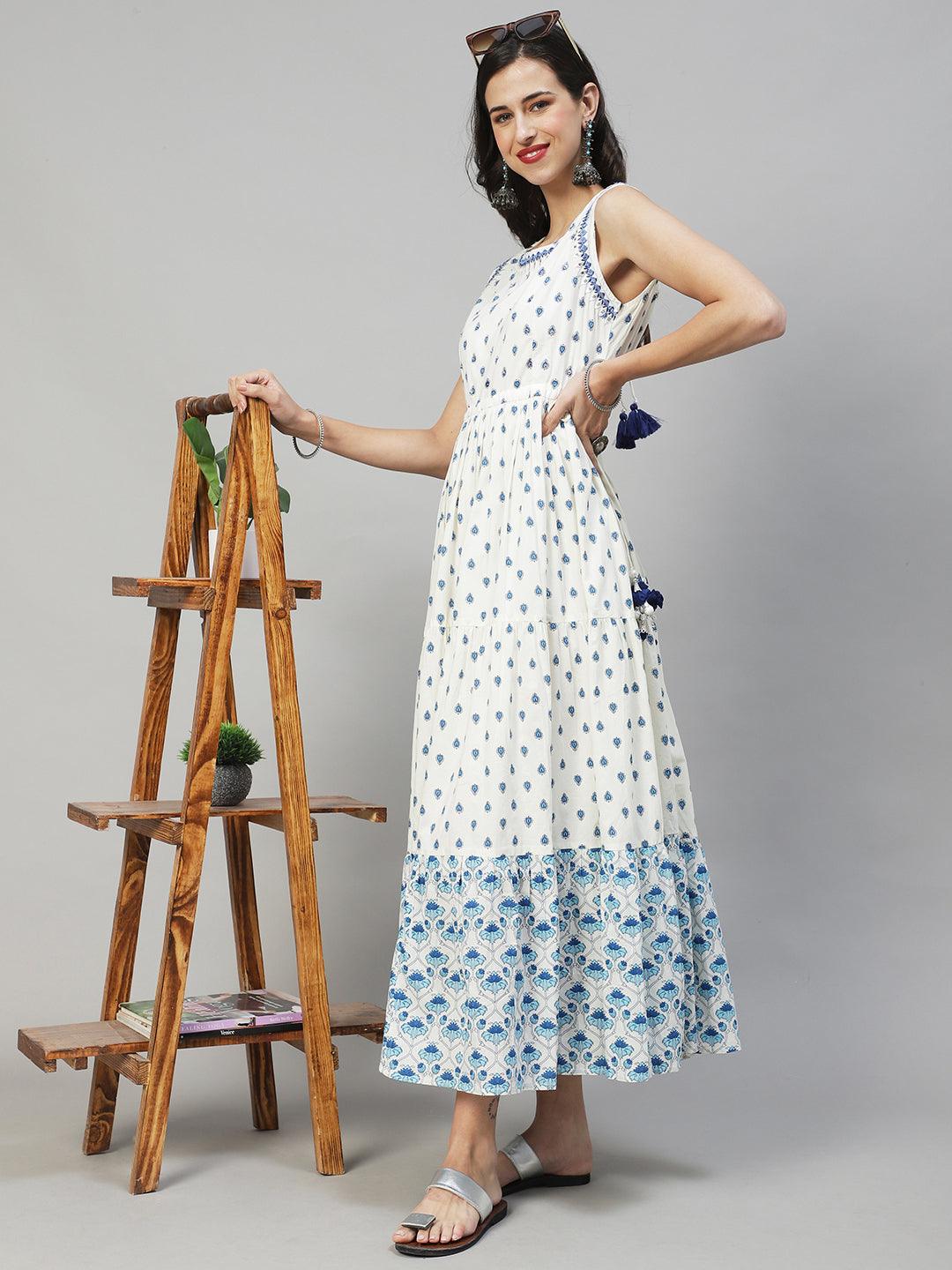 Ethnic Printed & Embroidered Tiered Flared Maxi Dress - Off White - Indiakreations