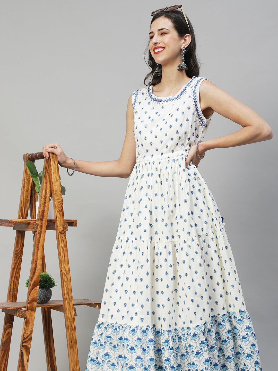 Ethnic Printed & Embroidered Tiered Flared Maxi Dress - Off White - Indiakreations