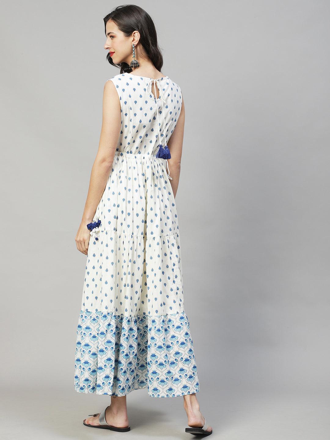 Ethnic Printed & Embroidered Tiered Flared Maxi Dress - Off White - Indiakreations