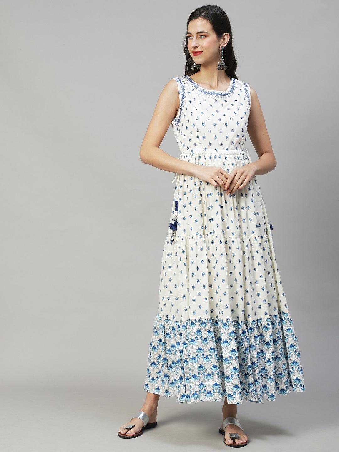 Ethnic Printed & Embroidered Tiered Flared Maxi Dress - Off White - Indiakreations