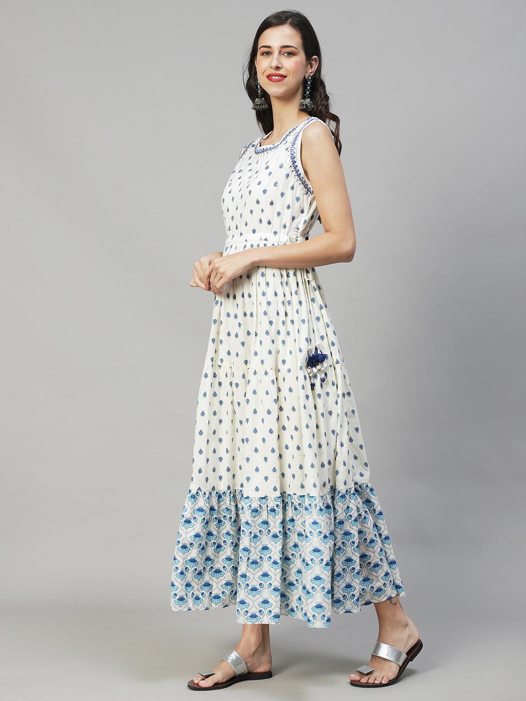 Ethnic Printed & Embroidered Tiered Flared Maxi Dress - Off White - Indiakreations