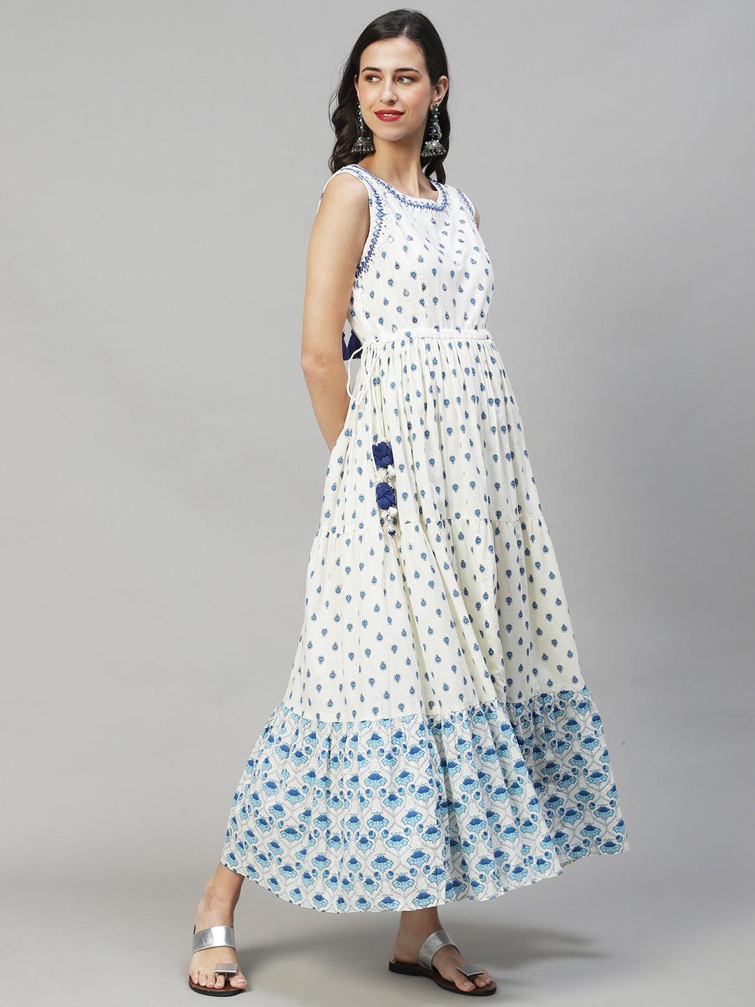 Ethnic Printed & Embroidered Tiered Flared Maxi Dress - Off White - Indiakreations