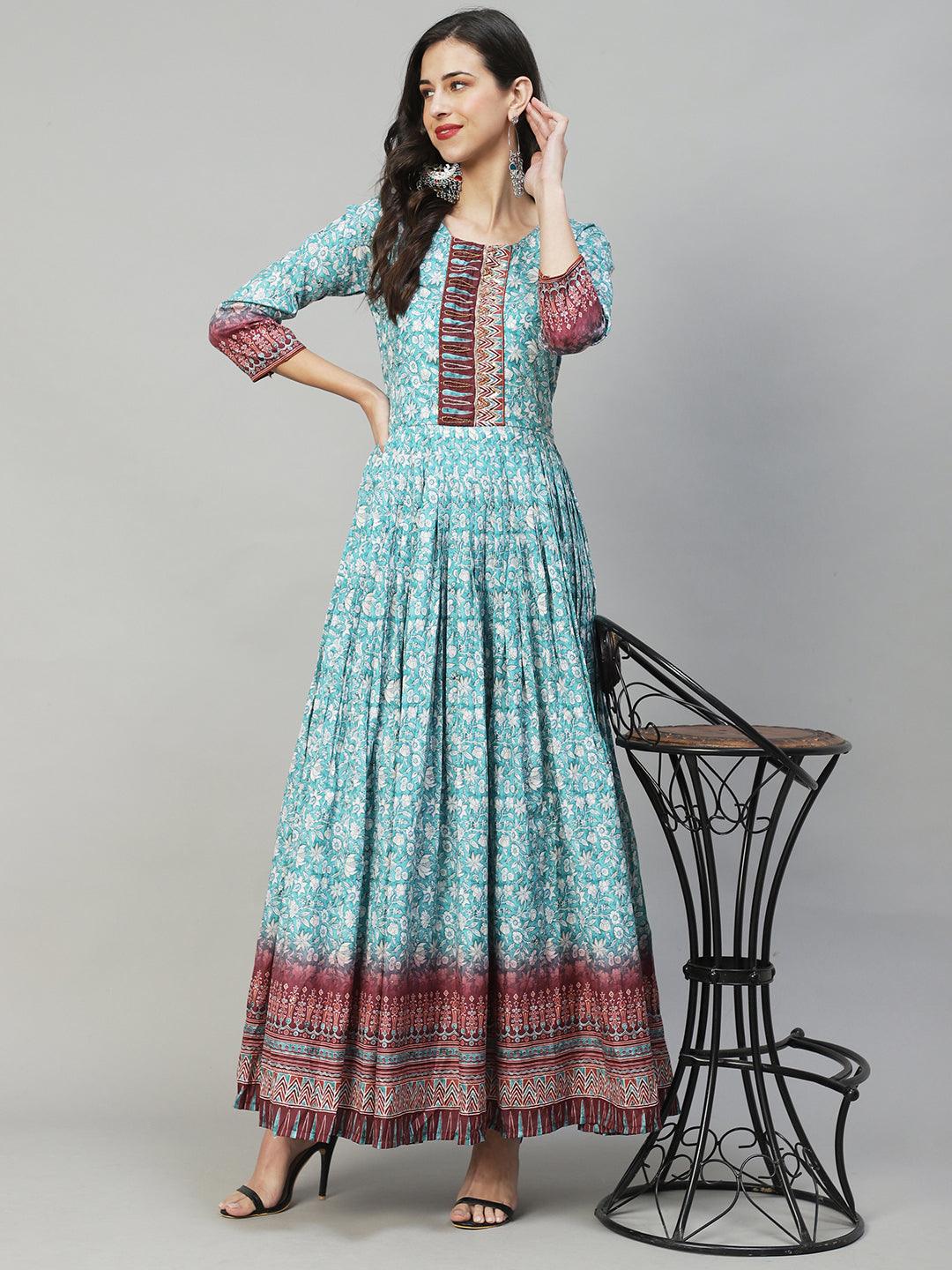 Floral Printed & Hand Embroidered Flared Maxi Dress - Turquoise - Indiakreations