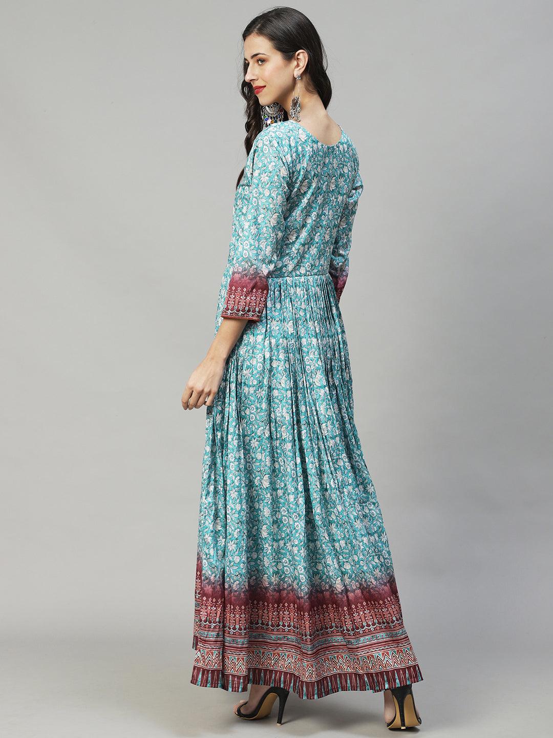 Floral Printed & Hand Embroidered Flared Maxi Dress - Turquoise - Indiakreations