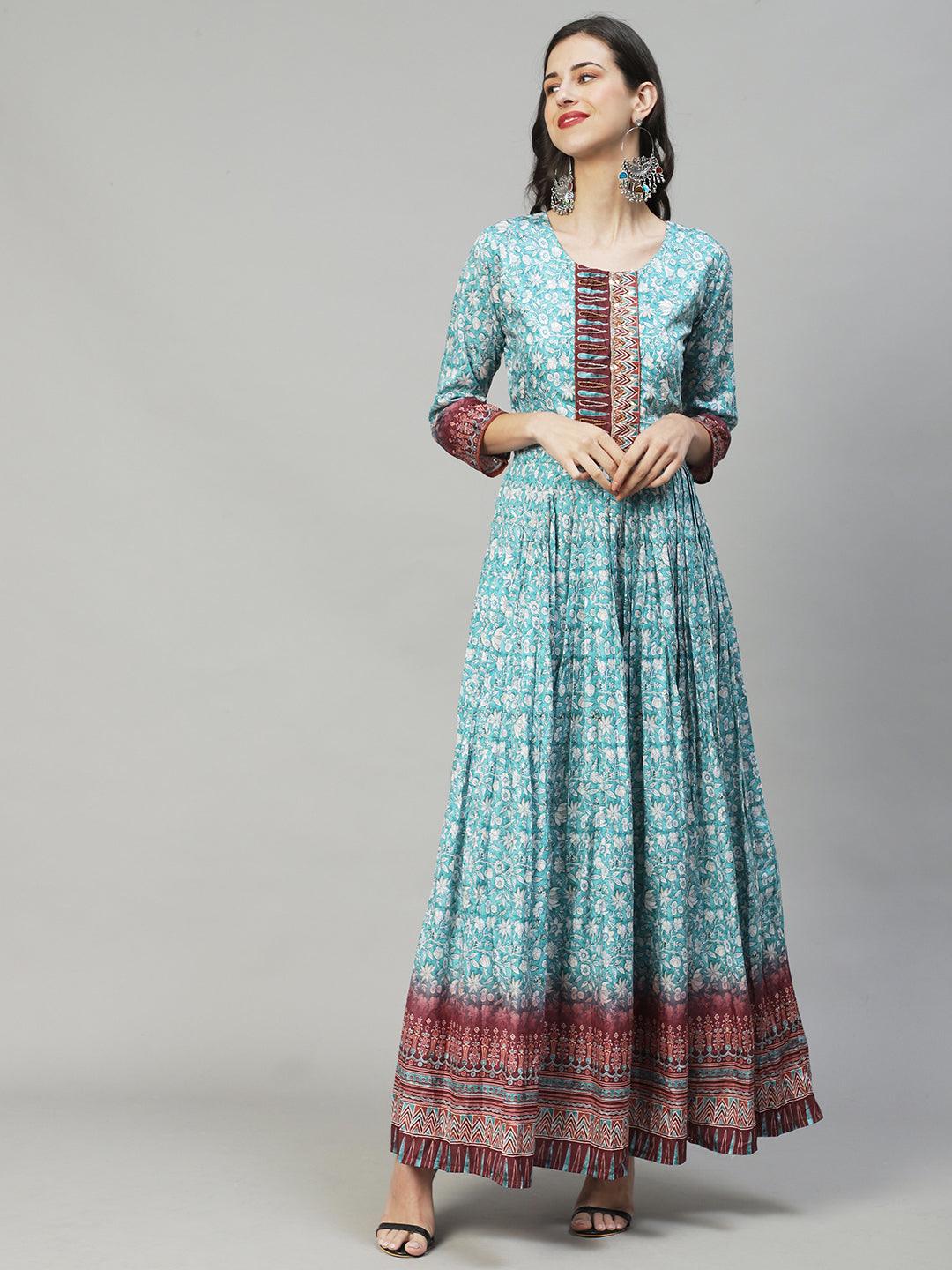 Floral Printed & Hand Embroidered Flared Maxi Dress - Turquoise - Indiakreations