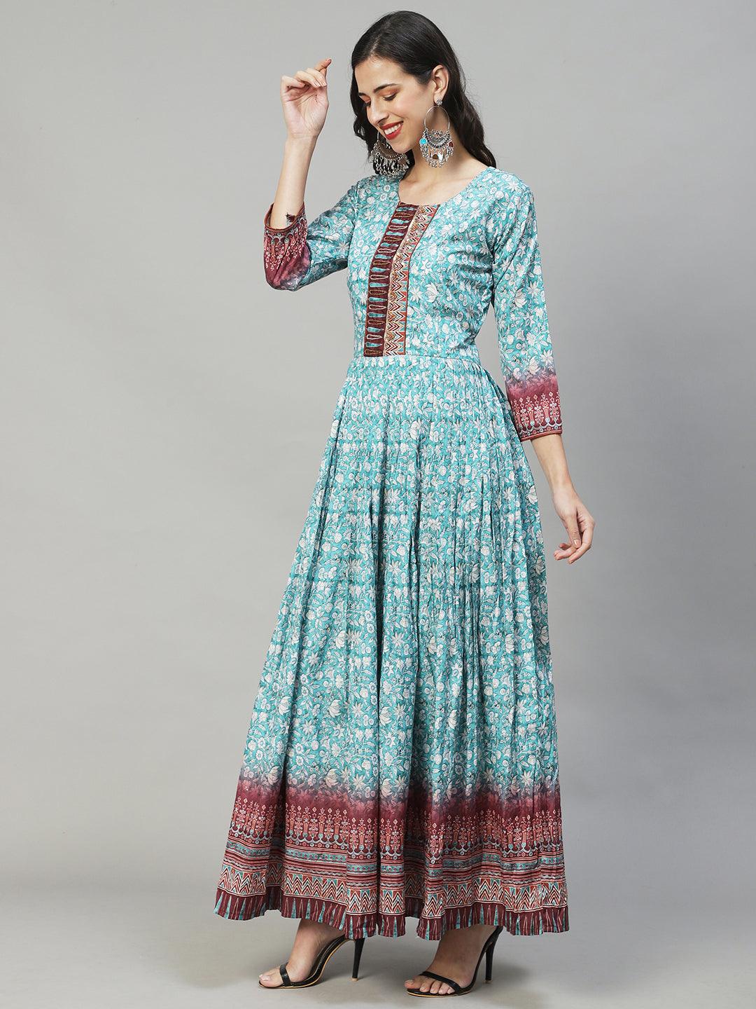 Floral Printed & Hand Embroidered Flared Maxi Dress - Turquoise - Indiakreations