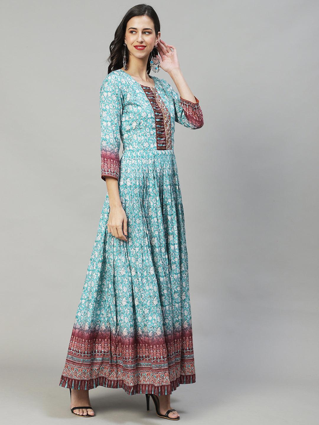 Floral Printed & Hand Embroidered Flared Maxi Dress - Turquoise - Indiakreations