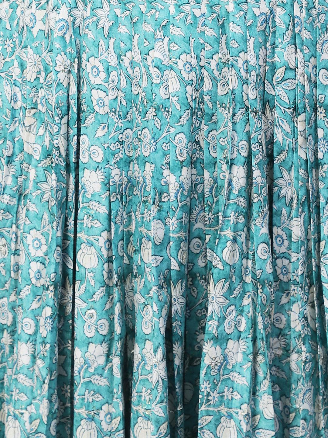 Floral Printed & Hand Embroidered Flared Maxi Dress - Turquoise - Indiakreations