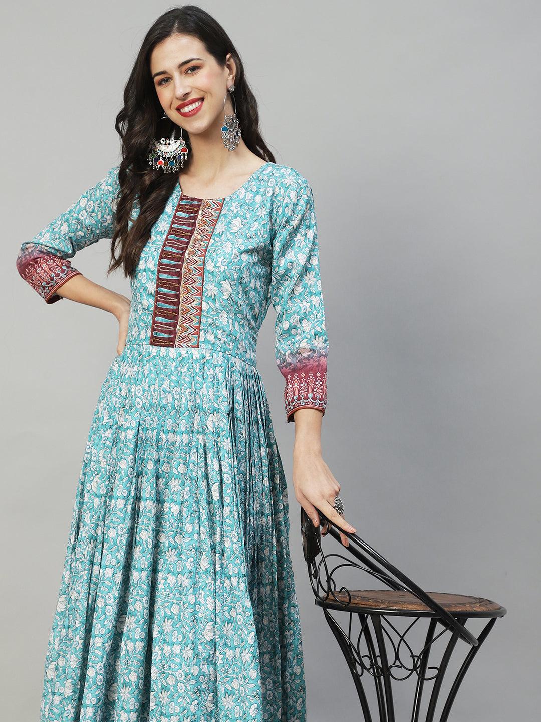 Floral Printed & Hand Embroidered Flared Maxi Dress - Turquoise - Indiakreations