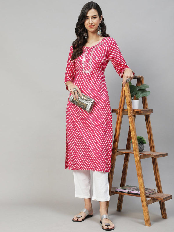 Leheriya Printed & Embroidered Straight Fit Kurta with Pants - Hot Pink - Indiakreations