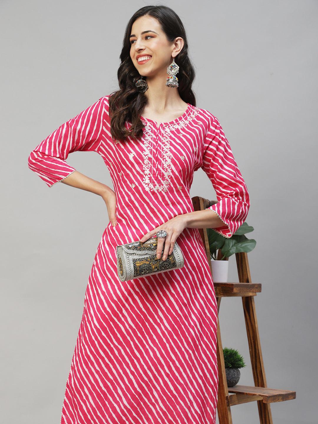 Leheriya Printed & Embroidered Straight Fit Kurta with Pants - Hot Pink - Indiakreations