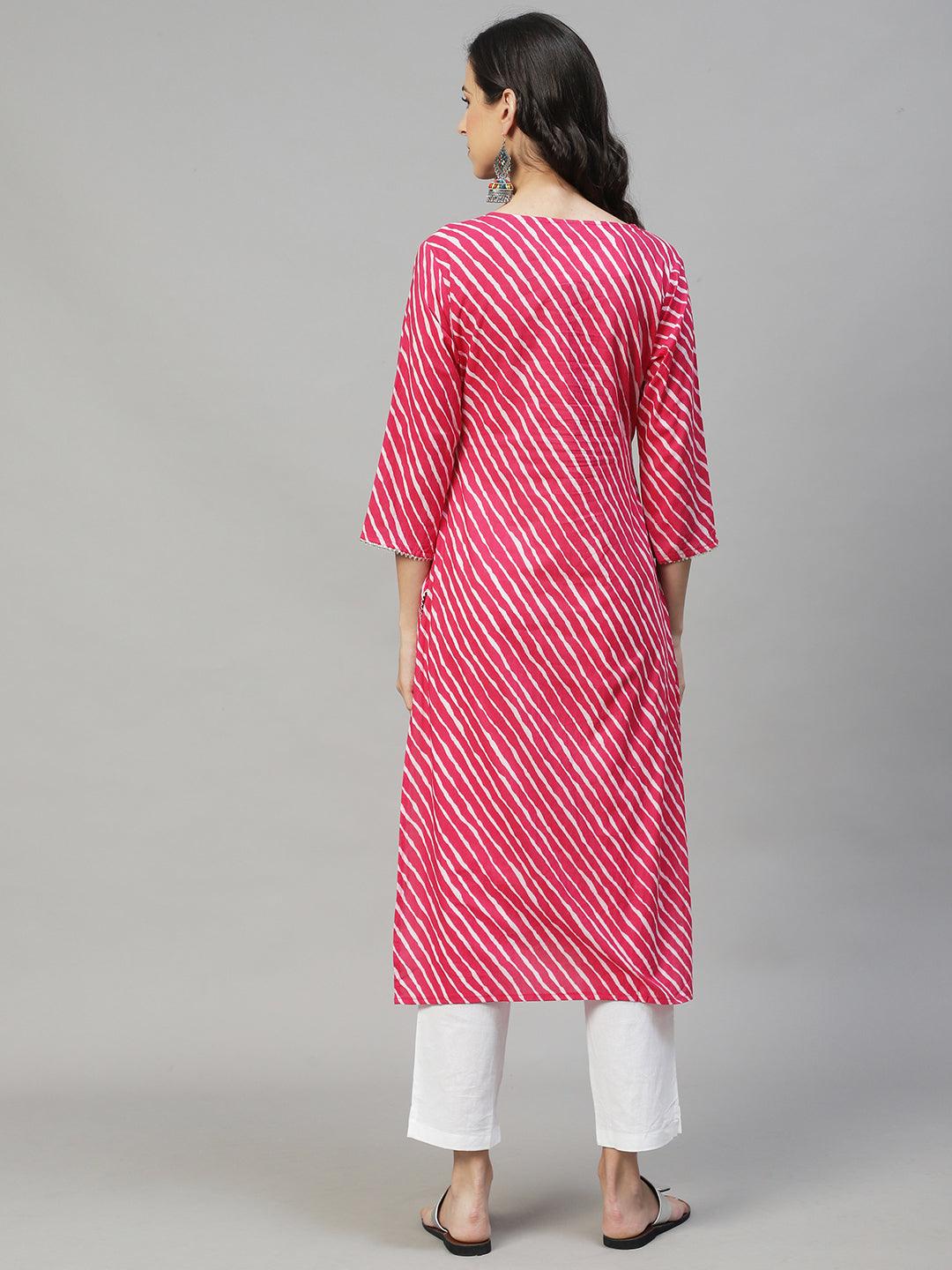 Leheriya Printed & Embroidered Straight Fit Kurta with Pants - Hot Pink - Indiakreations