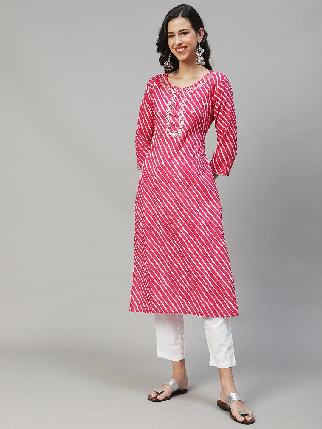 Leheriya Printed & Embroidered Straight Fit Kurta with Pants - Hot Pink - Indiakreations