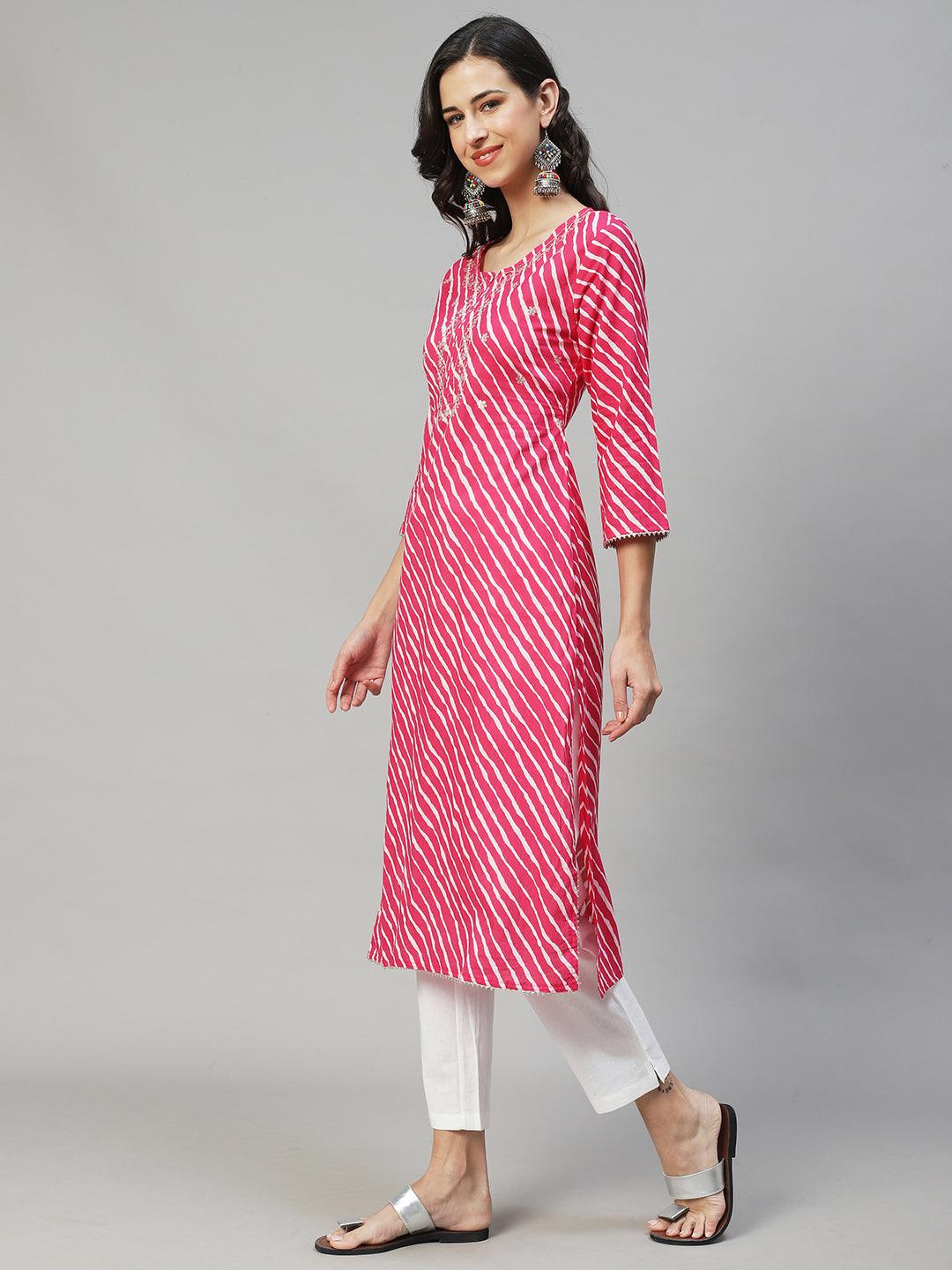 Leheriya Printed & Embroidered Straight Fit Kurta with Pants - Hot Pink - Indiakreations