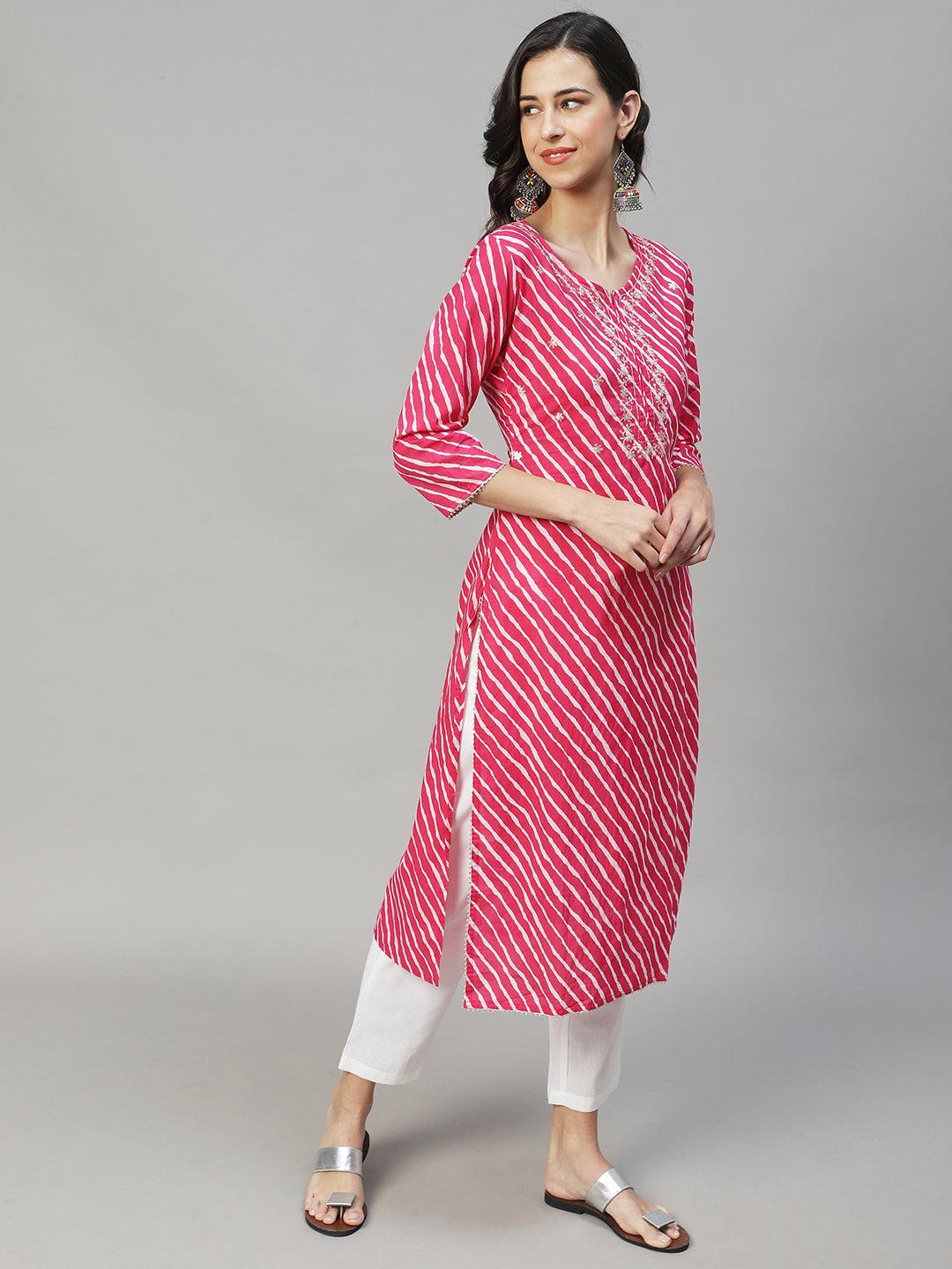 Leheriya Printed & Embroidered Straight Fit Kurta with Pants - Hot Pink - Indiakreations