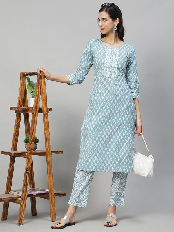 Ethnic Printed Straight Fit Kurta & Pants - Powder Blue - Indiakreations