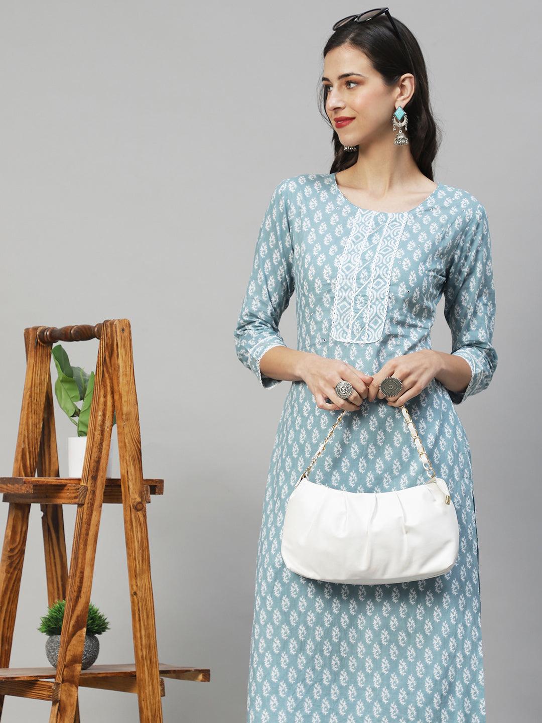 Ethnic Printed Straight Fit Kurta & Pants - Powder Blue - Indiakreations