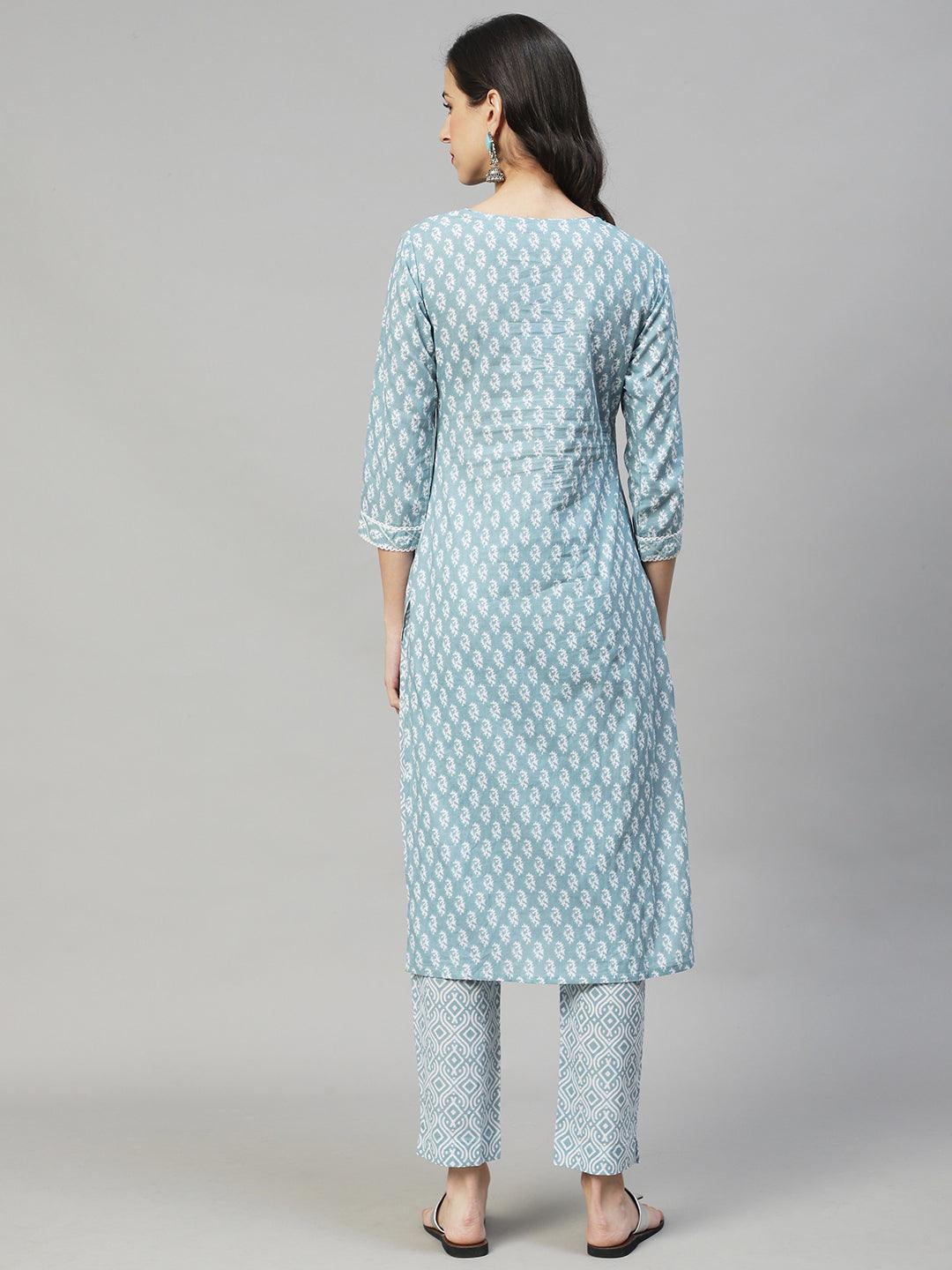 Ethnic Printed Straight Fit Kurta & Pants - Powder Blue - Indiakreations