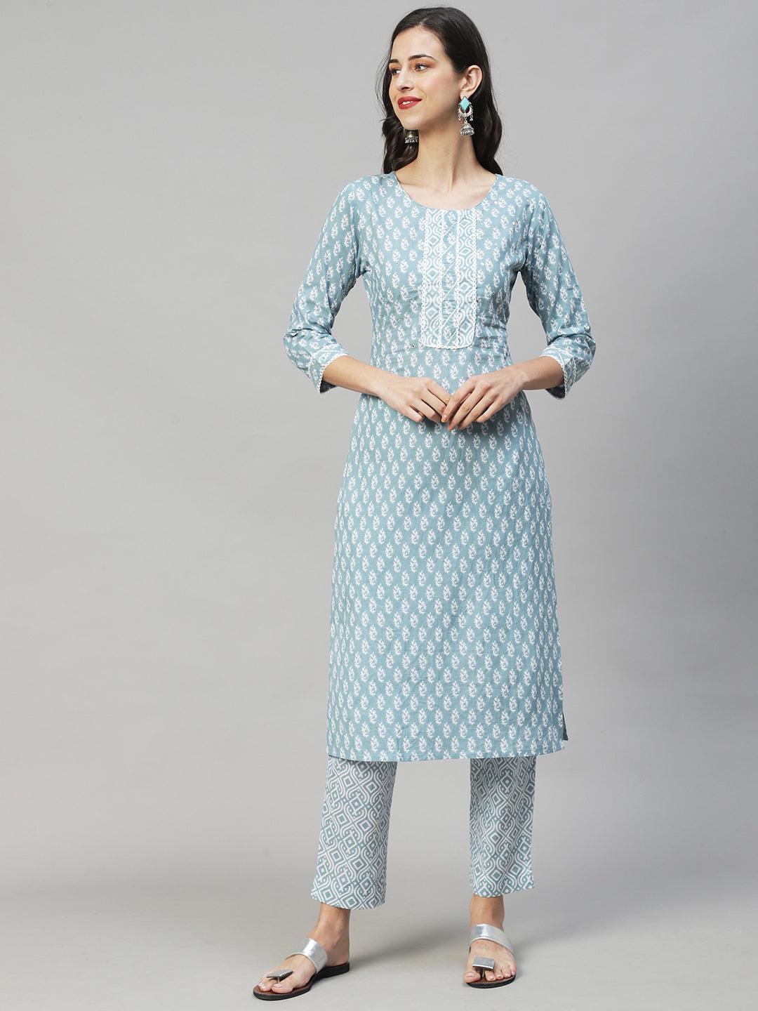 Ethnic Printed Straight Fit Kurta & Pants - Powder Blue - Indiakreations