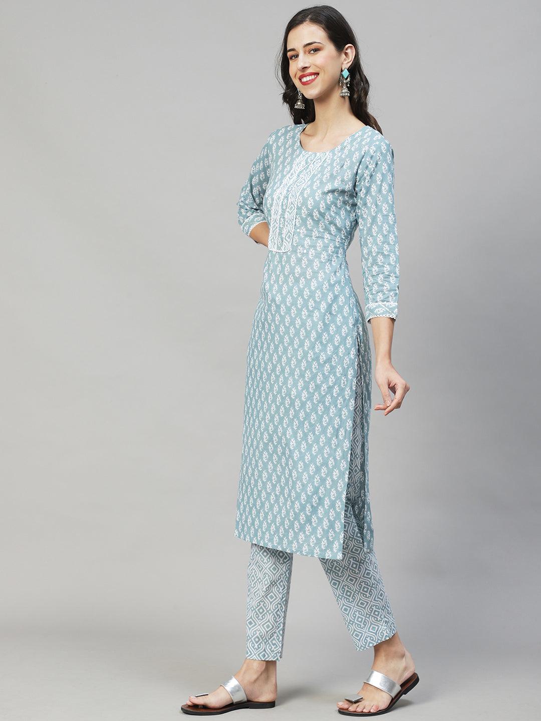 Ethnic Printed Straight Fit Kurta & Pants - Powder Blue - Indiakreations