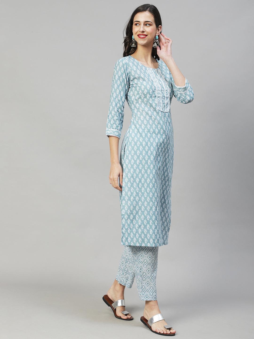 Ethnic Printed Straight Fit Kurta & Pants - Powder Blue - Indiakreations