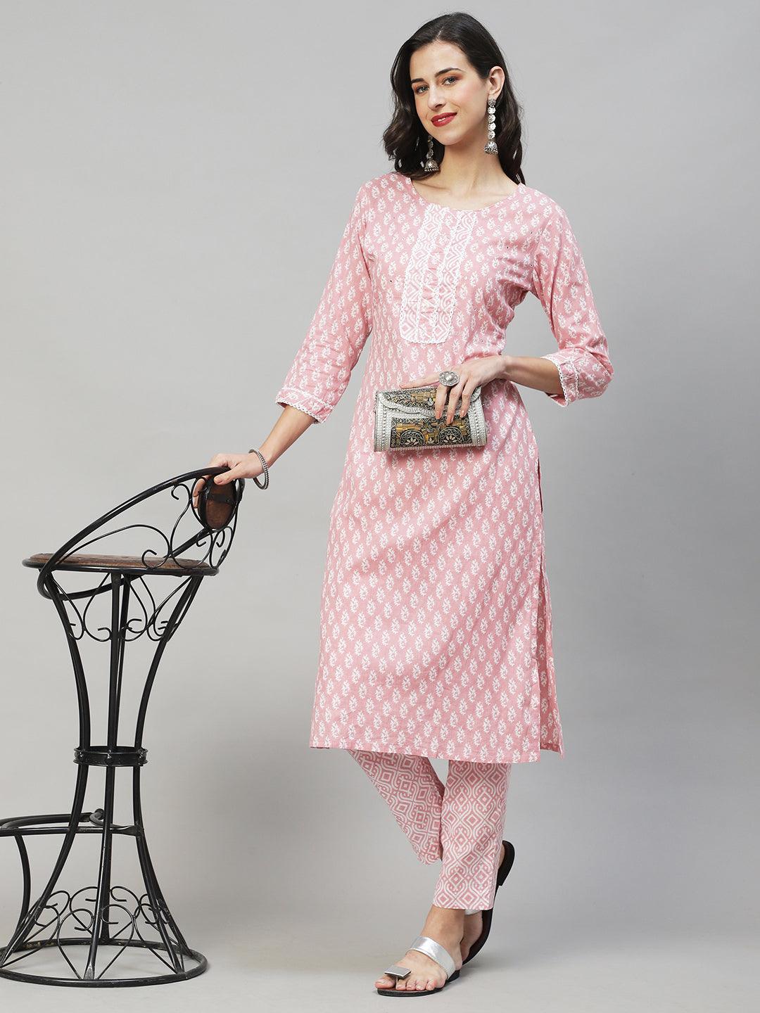 Ethnic Printed Straight Fit Kurta & Pants - Pink - Indiakreations