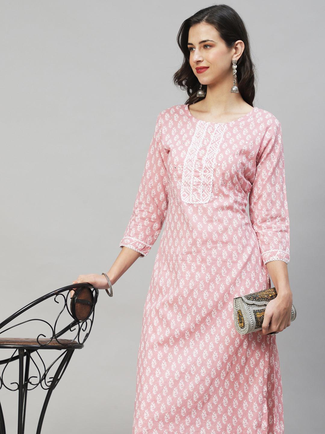 Ethnic Printed Straight Fit Kurta & Pants - Pink - Indiakreations