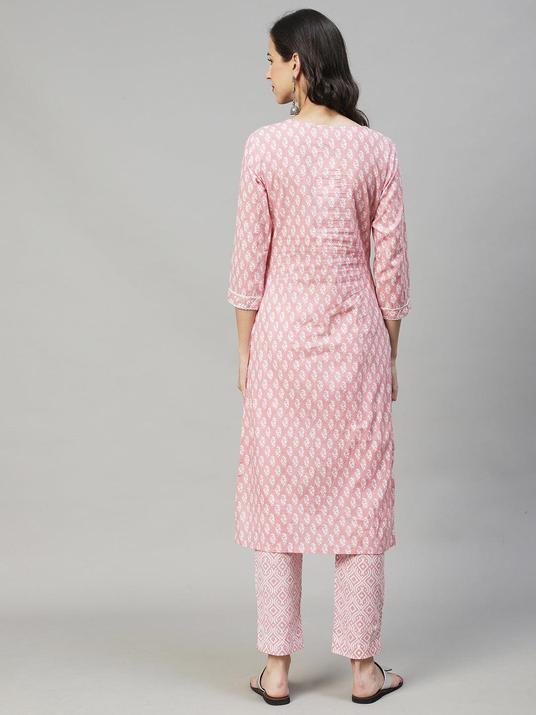 Ethnic Printed Straight Fit Kurta & Pants - Pink - Indiakreations