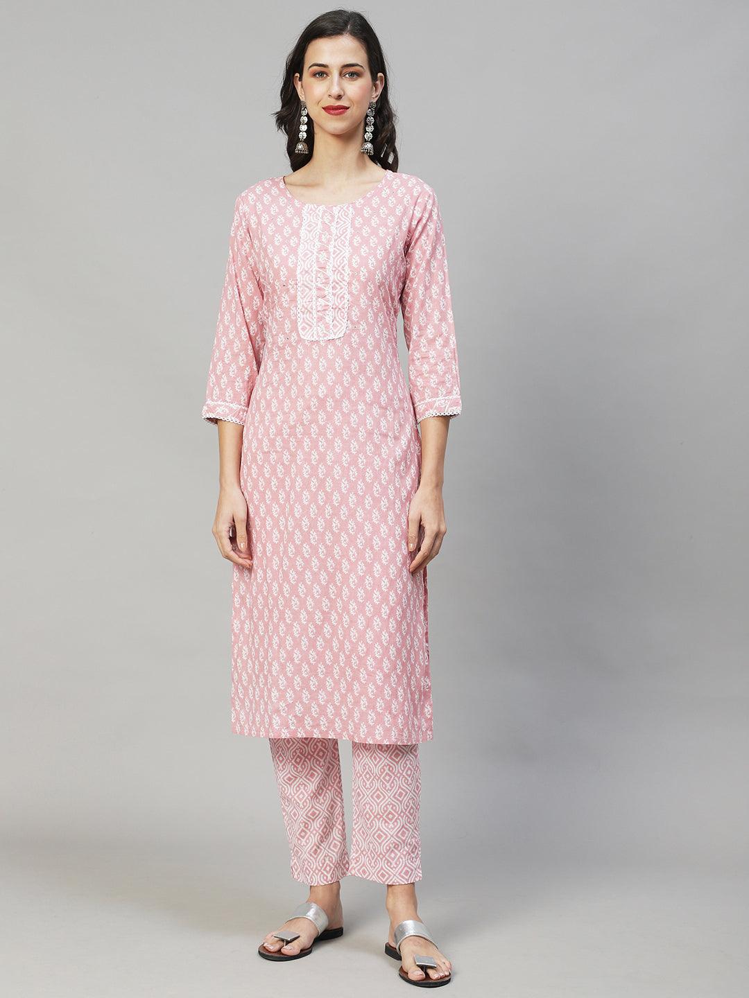 Ethnic Printed Straight Fit Kurta & Pants - Pink - Indiakreations